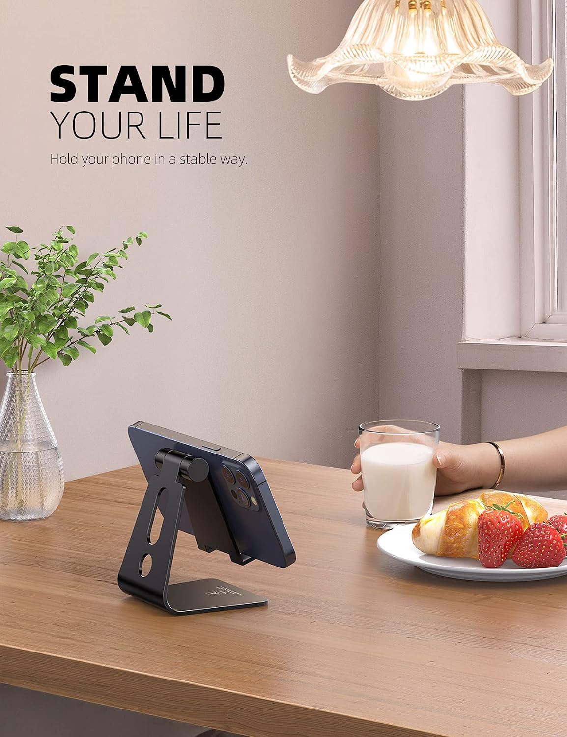 Adjustable Cell Phone Stand, Desk Phone Holder, Cradle, Dock, Compatible with Iphone 17 16 15 14 Air plus Pro Pro Max 13 12 X XS, 4-8" Phones, Office Accessories Gifts, All Smartphone, Black